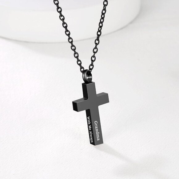 Hypoallergenic Black Cross Cremation Jewelry with Filling Kit - 20" Chain - Picture 3 of 7
